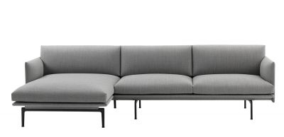 Graues Muuto Outline Sofa mit Chaiselongue und schwarzem Metallgestell, modernes Wohnzimmer Möbel.